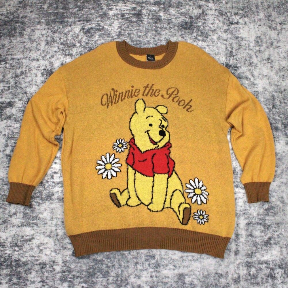 Winnie the Pooh Disney Sweater Women’s Sz XL Yellow Knit Graphic Pullover L/S